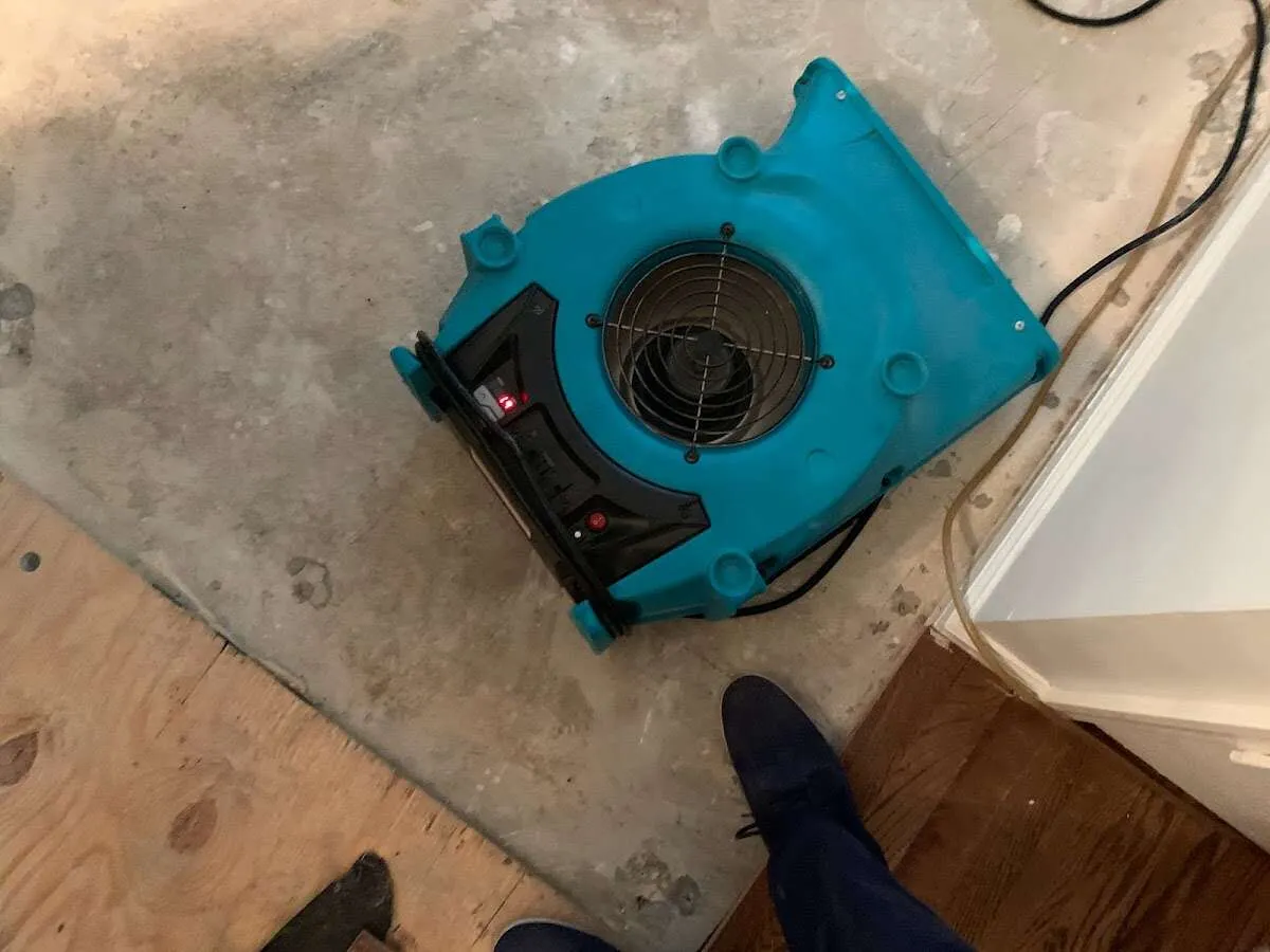 Air mover drying subfloor during Commercial Water Damage Restoration in Lomita